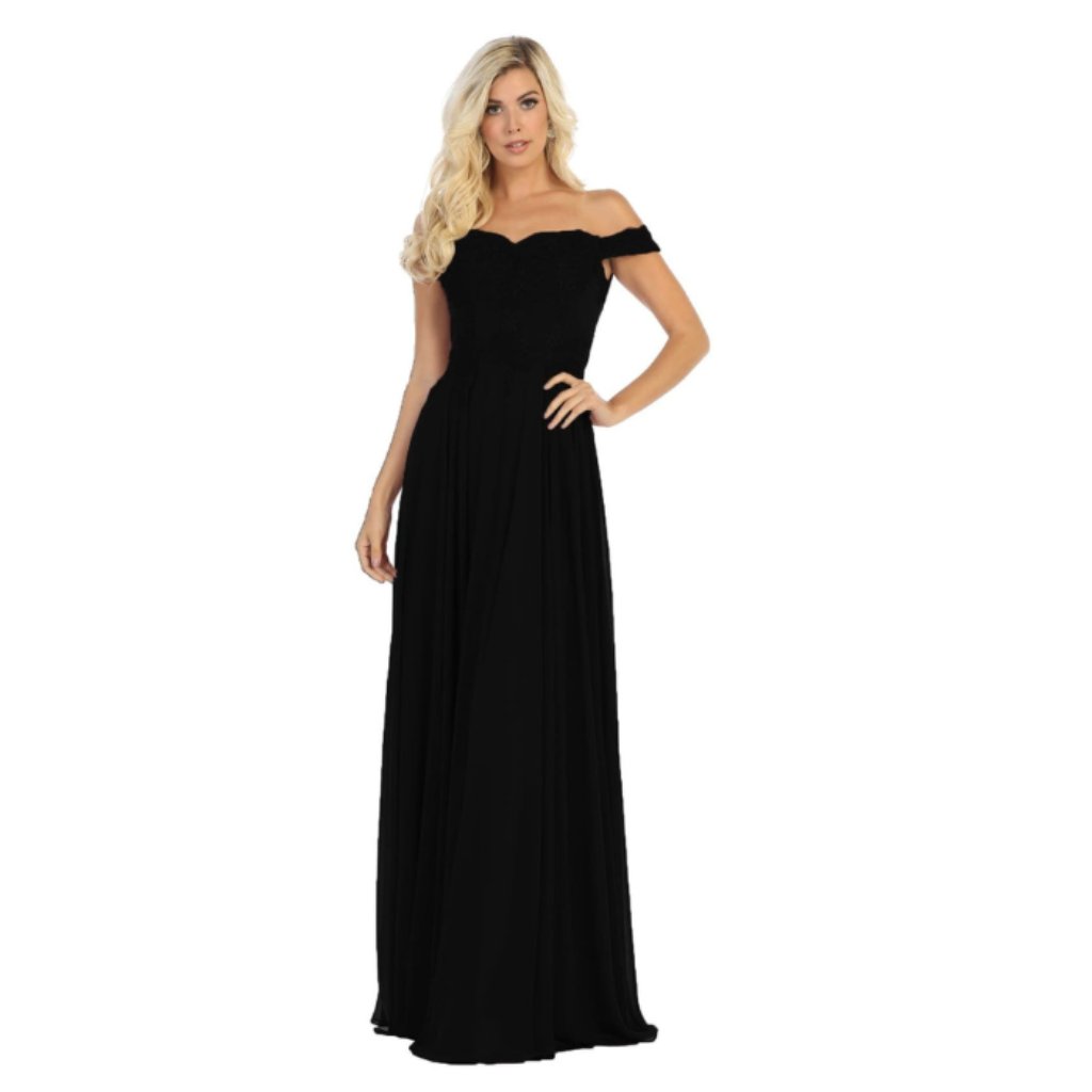 Black Evening Long Off Shoulder Sleeveless A-Line Dress By May Queen Mq1644